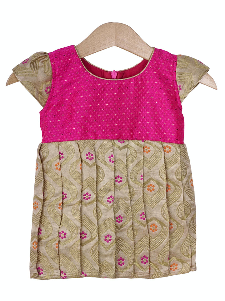 Bright Pink With Cream Art Silk Frock For New Born Baby Girls