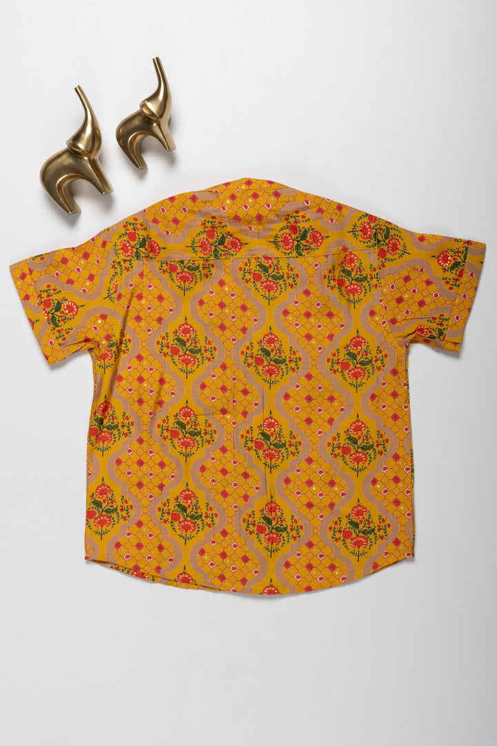 The Nesavu Boys Cotton Shirt Bright Yellow Boys Chanderi Shirt with Traditional Floral Print Nesavu Bright Yellow Boys Chanderi Shirt with Traditional Floral Print | Festive Wear | The Nesavu