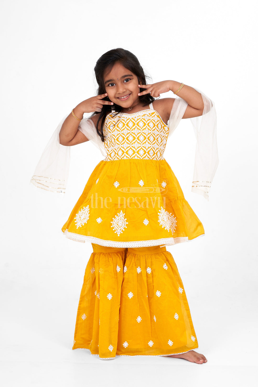 The Nesavu Girls Sharara / Plazo Set Bright Yellow Sharara for Haldi in Chanderi with Intricate Embroidery Nesavu 16 (1Y) / Yellow GPS472A-16 Nesavu Yellow Sharara Haldi Chanderi Embroidery  Perfect Pre-Wedding Celebrations