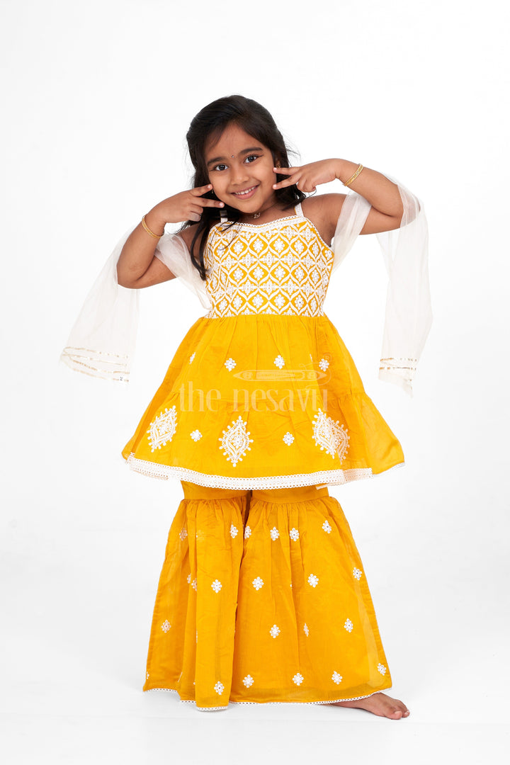 The Nesavu Girls Sharara / Plazo Set Bright Yellow Sharara for Haldi in Chanderi with Intricate Embroidery Nesavu 16 (1Y) / Yellow GPS472A-16 Nesavu Yellow Sharara Haldi Chanderi Embroidery  Perfect Pre-Wedding Celebrations