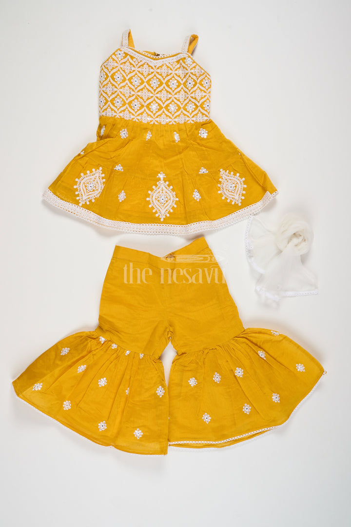 The Nesavu Girls Sharara / Plazo Set Bright Yellow Sharara for Haldi in Chanderi with Intricate Embroidery Nesavu Nesavu Yellow Sharara Haldi Chanderi Embroidery  Perfect Pre-Wedding Celebrations