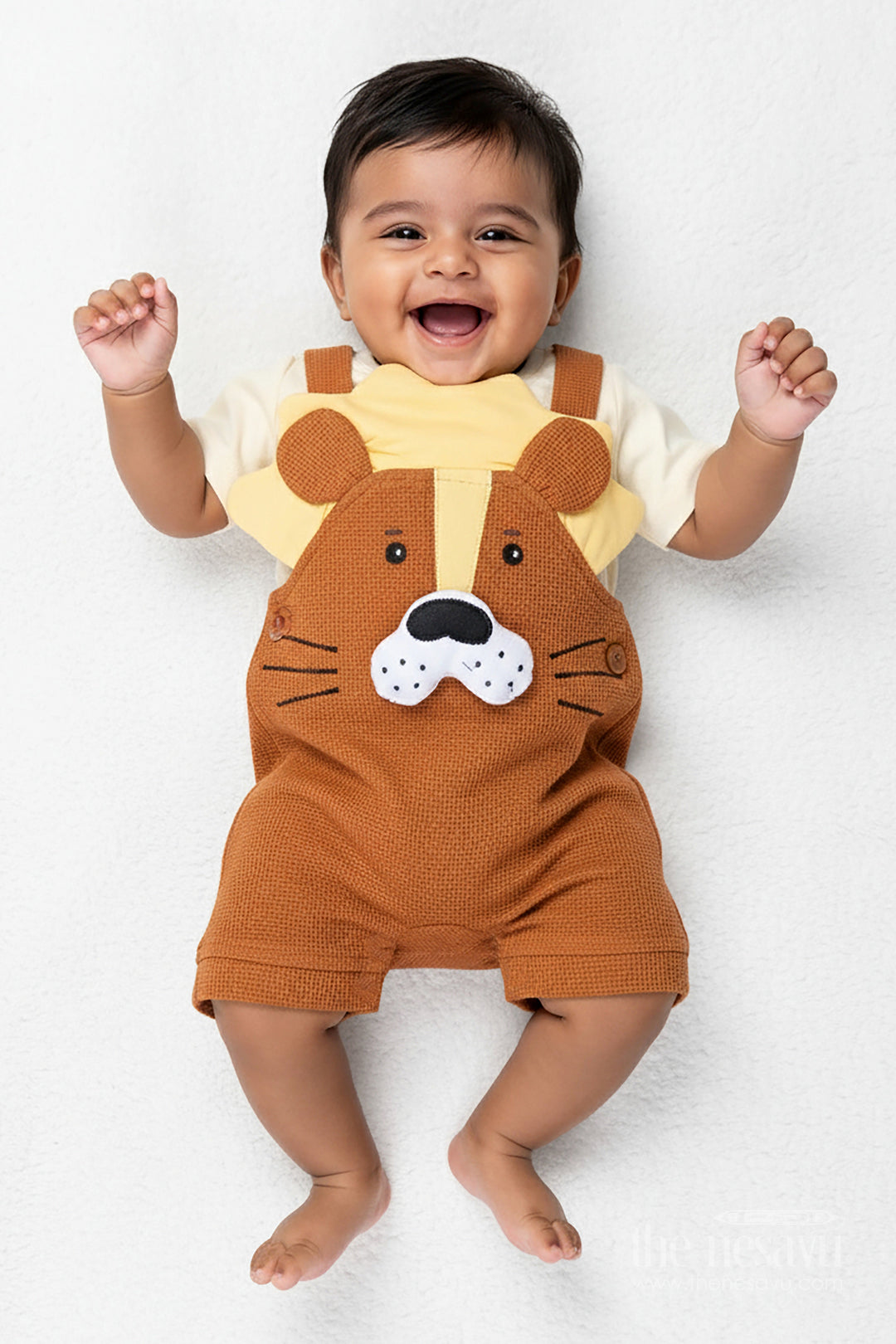 The Nesavu Boys Casual Set Brown Birthday Outfit for Boys in Cotton Waffle Knit with Dog Embroidery and Mustard Accent Tee Nesavu 14 (6M) / Brown BCS301A-14 Nesavu Brown Birthday Outfit Boys Cotton Waffle Knit Dog Embroidery Yellow Tee