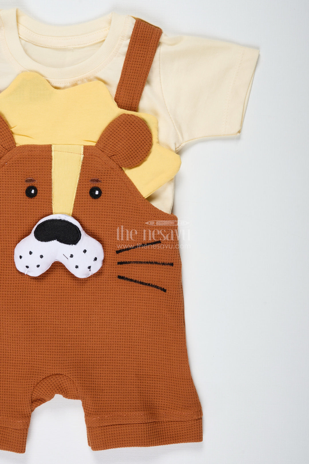 The Nesavu Boys Casual Set Brown Birthday Outfit for Boys in Cotton Waffle Knit with Dog Embroidery and Mustard Accent Tee Nesavu Nesavu Brown Birthday Outfit Boys Cotton Waffle Knit Dog Embroidery Yellow Tee
