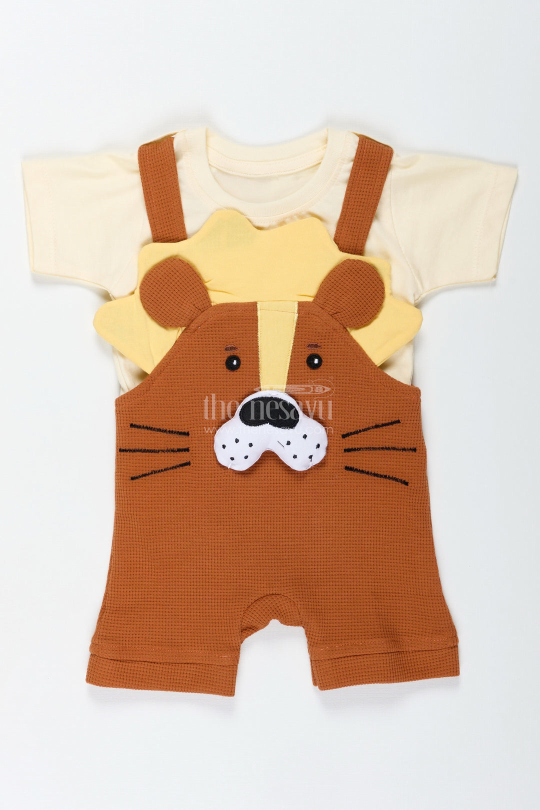 The Nesavu Boys Casual Set Brown Birthday Outfit for Boys in Cotton Waffle Knit with Dog Embroidery and Mustard Accent Tee Nesavu Nesavu Brown Birthday Outfit Boys Cotton Waffle Knit Dog Embroidery Yellow Tee