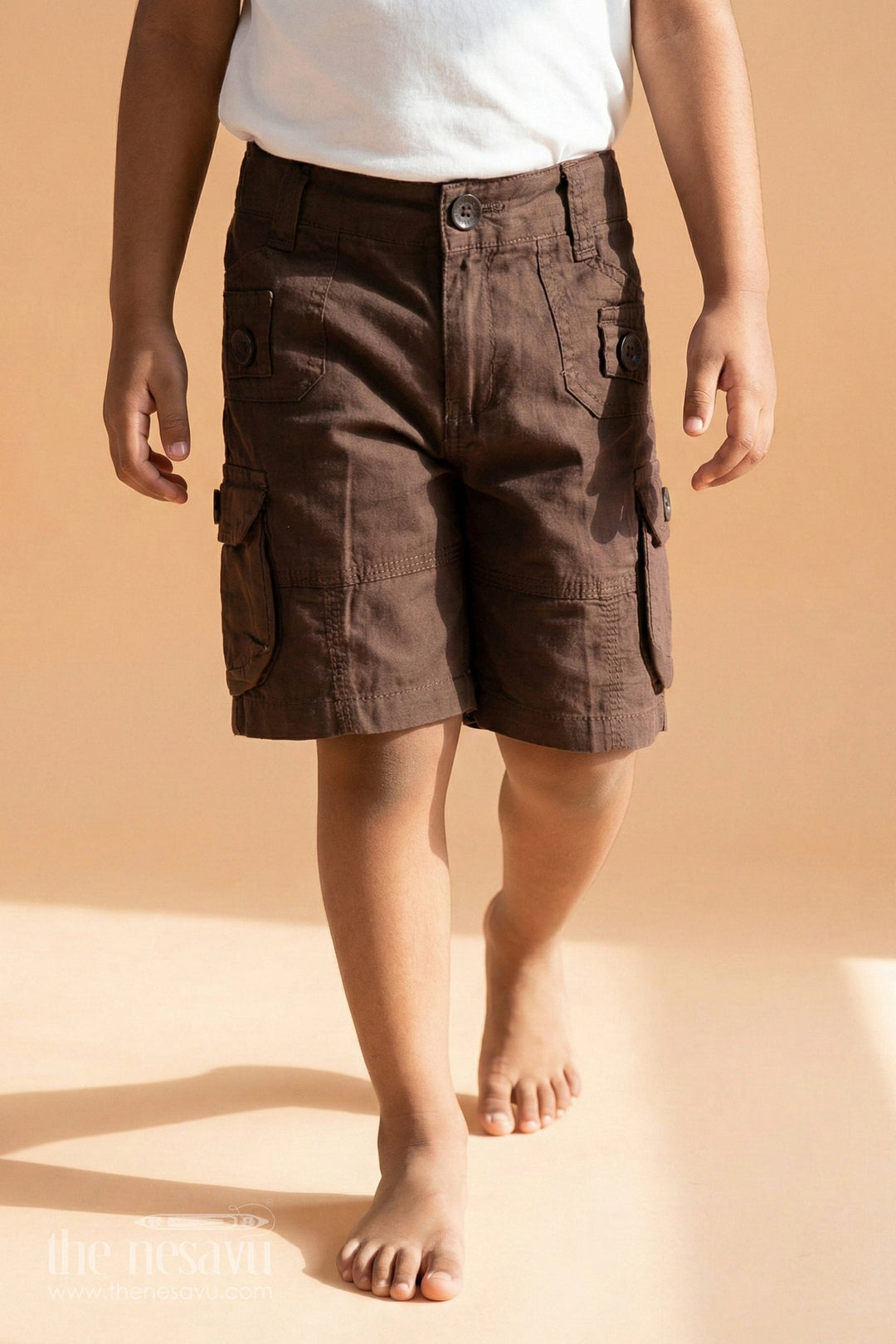 The Nesavu Boys Shorts Brown Cargo Cotton Boys Dress Shorts Nesavu 16 (1Y) / Brown BWS004D-16 Brown Cargo Cotton Boys Dress Shorts with Elastic Waist