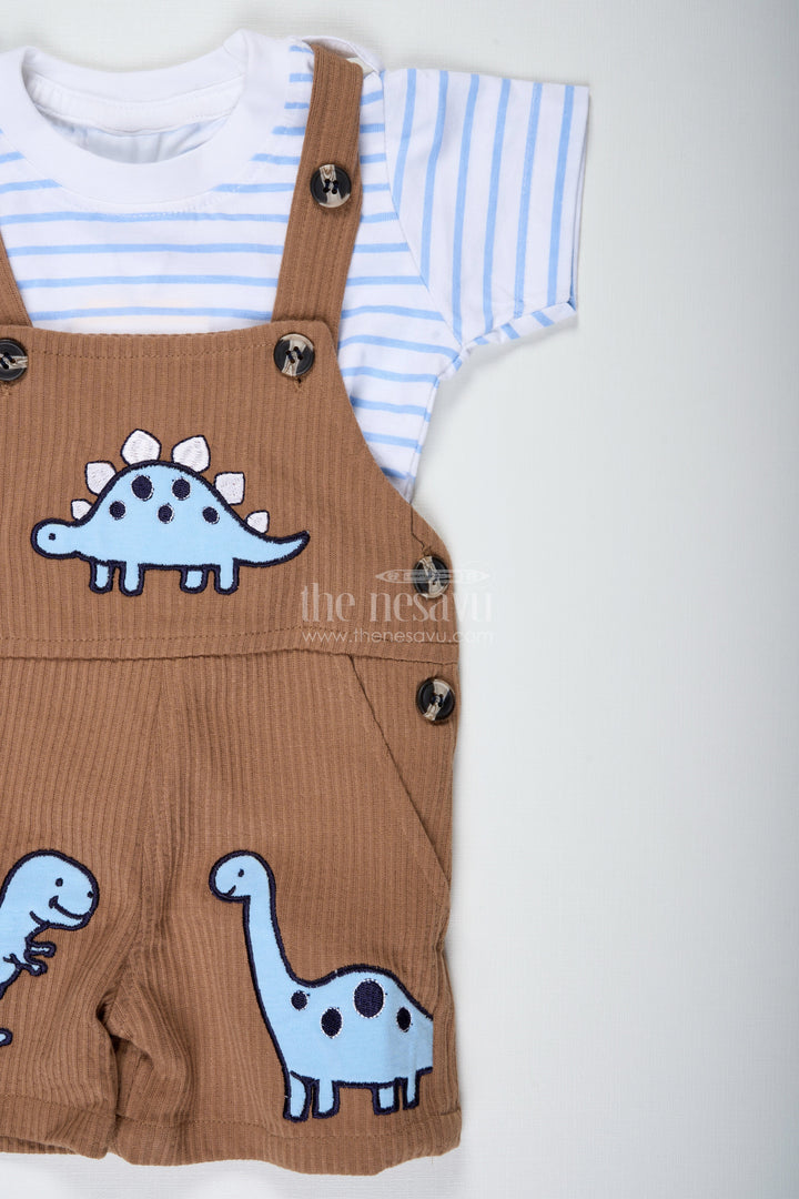 The Nesavu Boys Casual Set Brown Casual Outfit for Boys in Corduroy Cotton with Embellished Dinosaur Patches and Tee Set Nesavu Nesavu Brown Casual Boys Outfit Corduroy Cotton Dinosaur Embellishments Tee Set