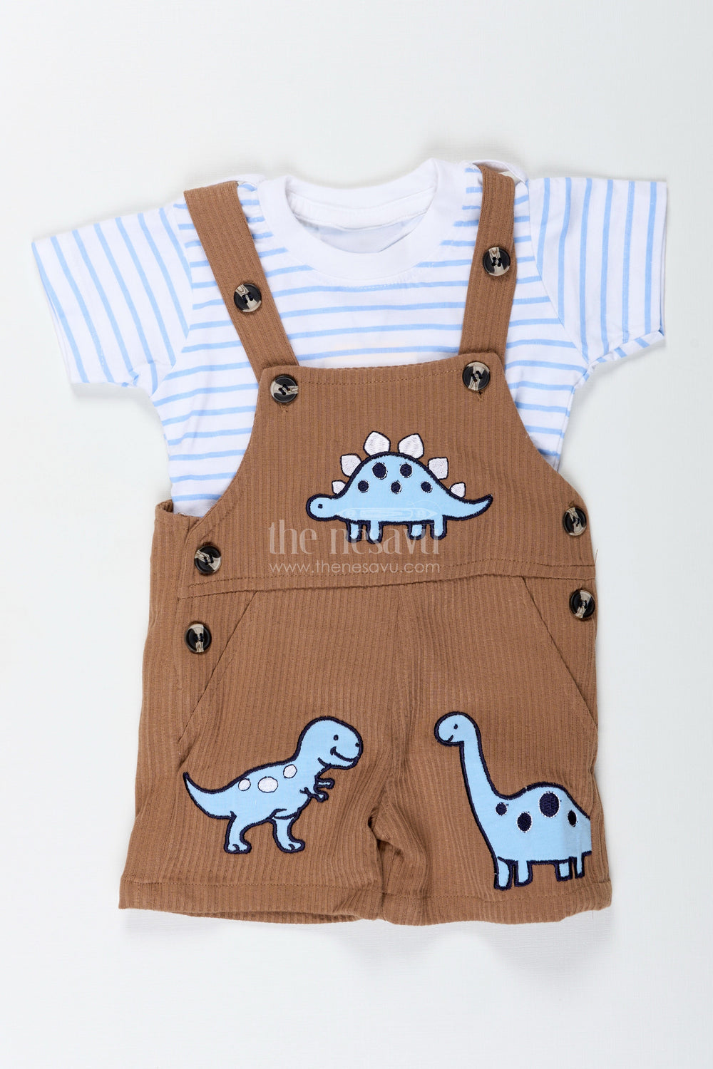 The Nesavu Boys Casual Set Brown Casual Outfit for Boys in Corduroy Cotton with Embellished Dinosaur Patches and Tee Set Nesavu Nesavu Brown Casual Boys Outfit Corduroy Cotton Dinosaur Embellishments Tee Set