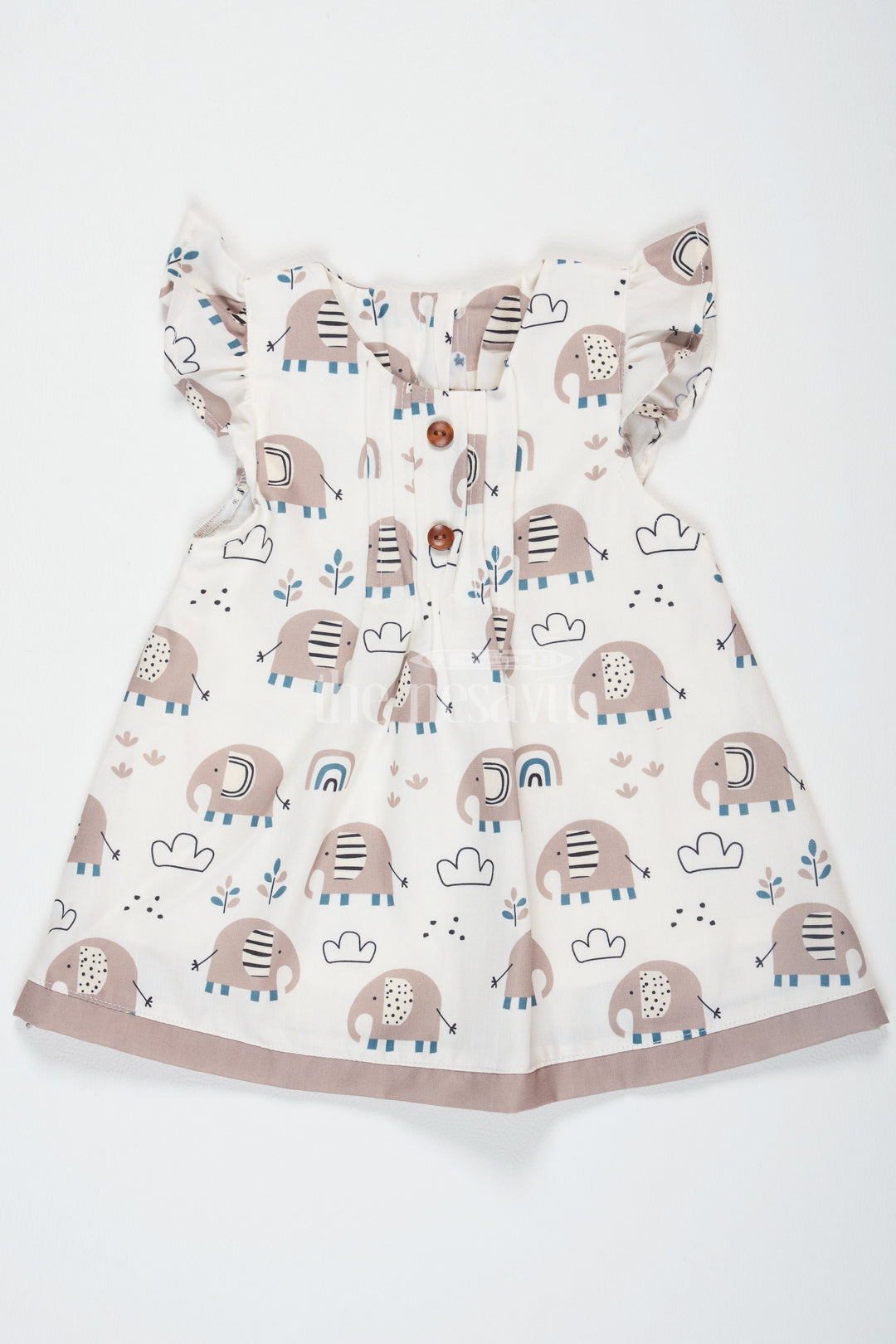 The Nesavu Baby Cotton Frocks Brown Elephant Print Baby Cotton Mini Dress with Ruffled Sleeves for Girls Nesavu Nesavu Brown Elephant Print Baby Mini Dress Ruffled Sleeves Casual Outings