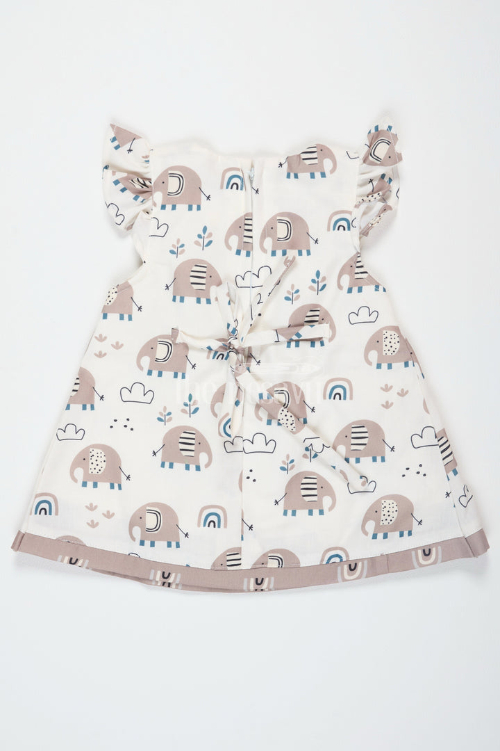 The Nesavu Baby Cotton Frocks Brown Elephant Print Baby Cotton Mini Dress with Ruffled Sleeves for Girls Nesavu Nesavu Brown Elephant Print Baby Mini Dress Ruffled Sleeves Casual Outings