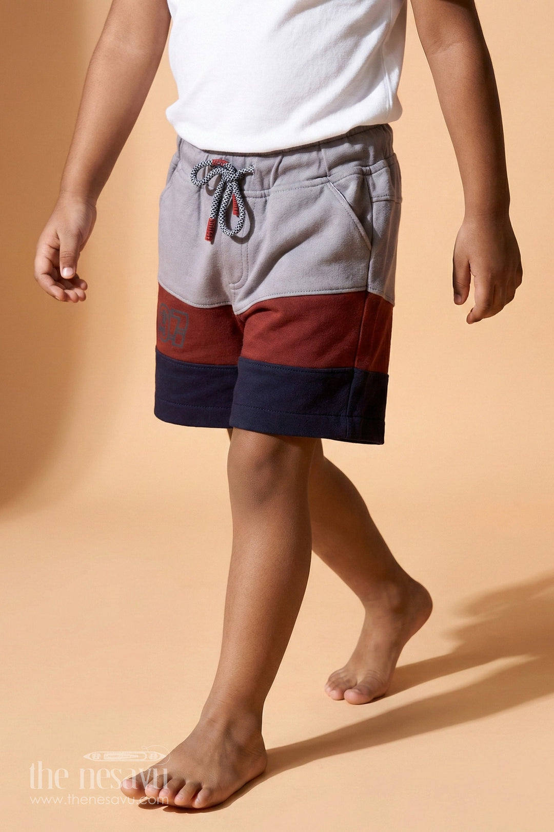 The Nesavu Boys Shorts Business Casual Shorts for Boys in Grey Red and Navy Colorblock with Athletic 97 Logo Nesavu 12 (3M) / Gray BWS016B-12 Business Casual Shorts Boys Cotton Blend Red Navy Colorblock 97 Logo | The Nesavu