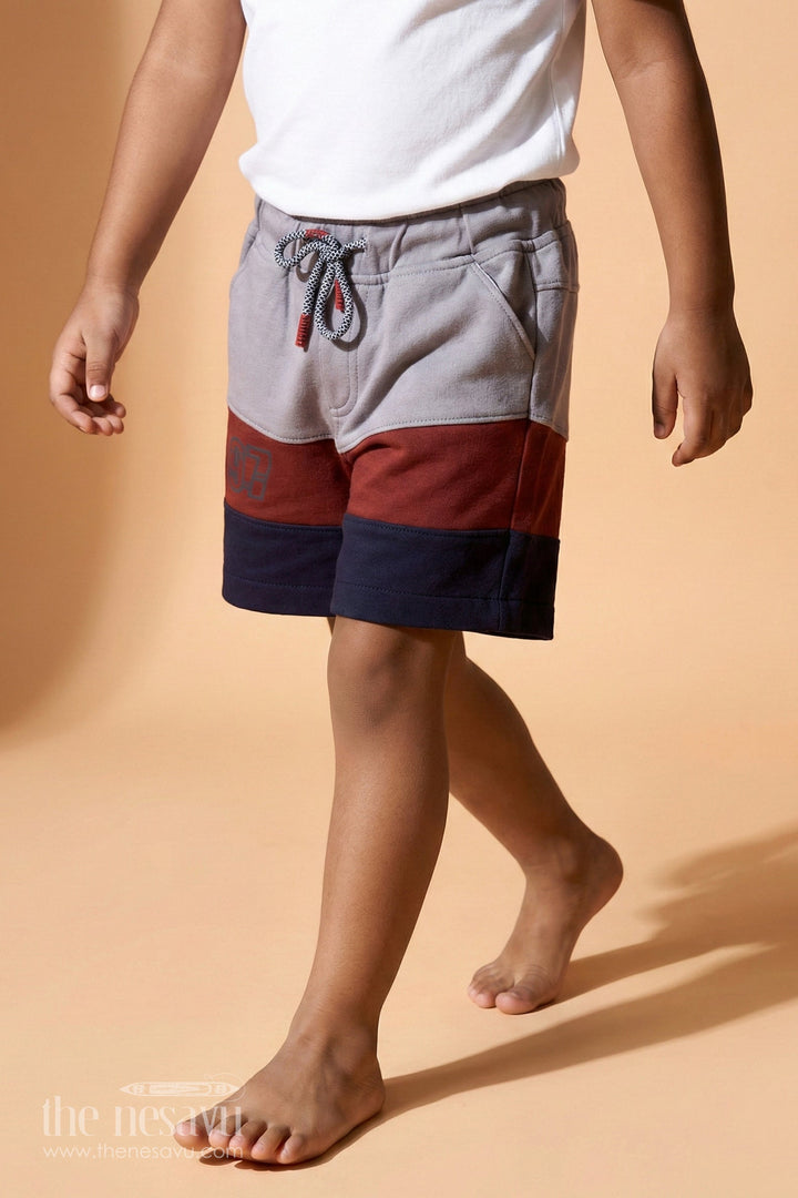 The Nesavu Boys Shorts Business Casual Shorts for Boys in Grey Red and Navy Colorblock with Athletic 97 Logo Nesavu 12 (3M) / Gray BWS016B-12 Business Casual Shorts Boys Cotton Blend Red Navy Colorblock 97 Logo | The Nesavu