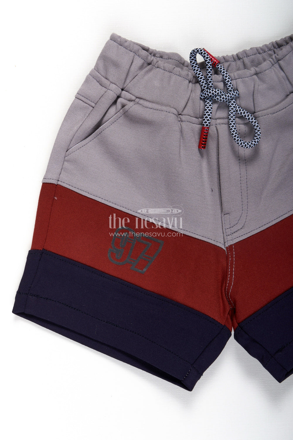 The Nesavu Boys Shorts Business Casual Shorts for Boys in Grey Red and Navy Colorblock with Athletic 97 Logo Nesavu Business Casual Shorts Boys Cotton Blend Red Navy Colorblock 97 Logo | The Nesavu
