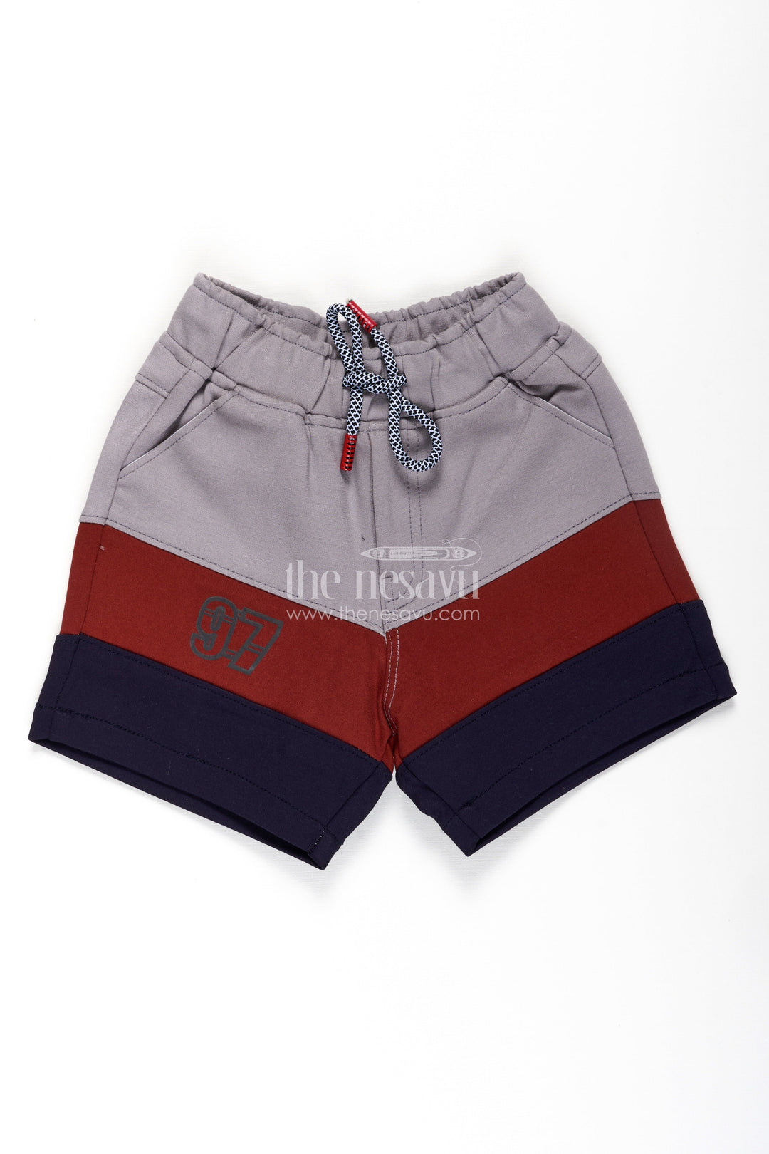 The Nesavu Boys Shorts Business Casual Shorts for Boys in Grey Red and Navy Colorblock with Athletic 97 Logo Nesavu Business Casual Shorts Boys Cotton Blend Red Navy Colorblock 97 Logo | The Nesavu