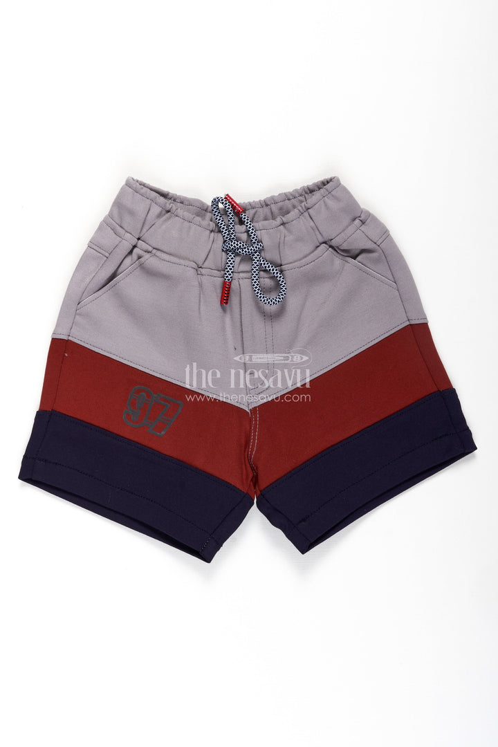 The Nesavu Boys Shorts Business Casual Shorts for Boys in Grey Red and Navy Colorblock with Athletic 97 Logo Nesavu Business Casual Shorts Boys Cotton Blend Red Navy Colorblock 97 Logo | The Nesavu