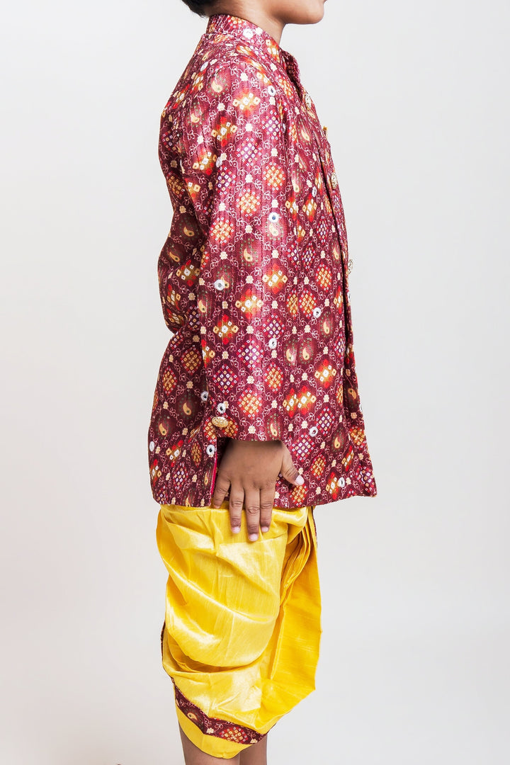 The Nesavu Boys Dothi Set Bustling Brown Printed Cotton Kurta With Golden Dhoti For Little Boys Nesavu Gold Dhoti And Brown Kurta Wear| Traditional Collection| The Nesavu