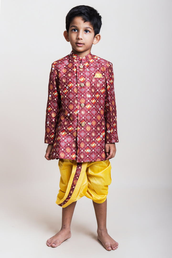 Bustling Brown Printed Cotton Kurta With Golden Dhoti For Little Boys