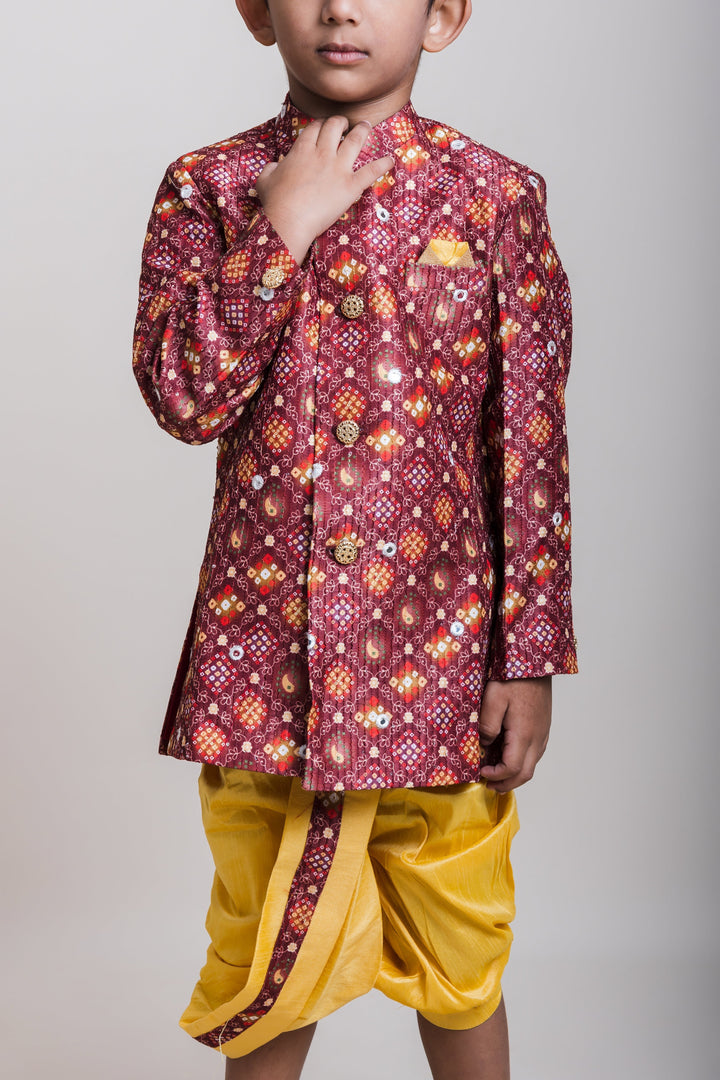 The Nesavu Boys Kurtha Set Bustling Brown Printed Cotton Kurta With Golden Dhoti For Little Boys Nesavu Gold Dhoti And Brown Kurta Wear| Traditional Collection| The Nesavu