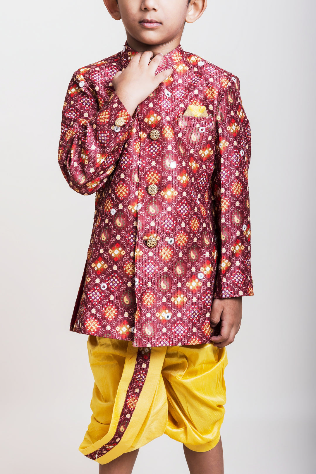 Bustling Brown Printed Cotton Kurta With Golden Dhoti For Little Boys