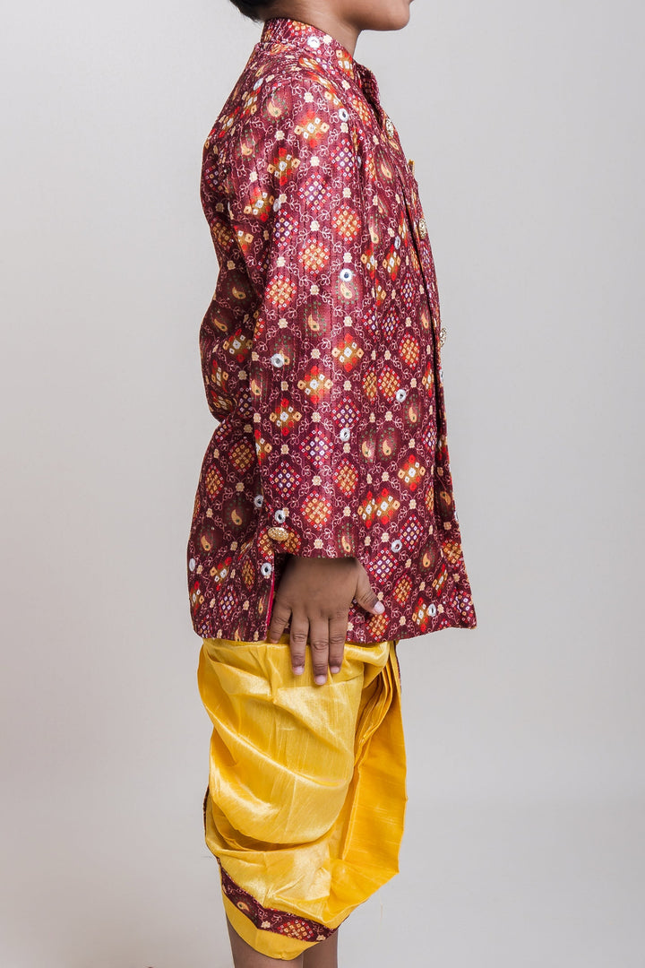 The Nesavu Boys Kurtha Set Bustling Brown Printed Cotton Kurta With Golden Dhoti For Little Boys Nesavu Gold Dhoti And Brown Kurta Wear| Traditional Collection| The Nesavu