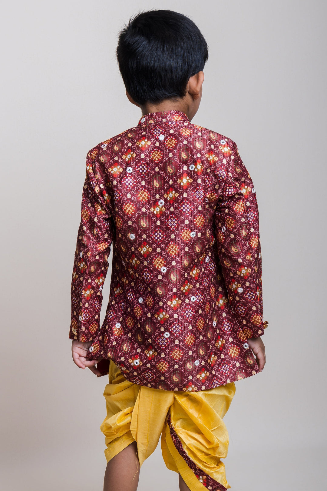 The Nesavu Boys Kurtha Set Bustling Brown Printed Cotton Kurta With Golden Dhoti For Little Boys Nesavu Gold Dhoti And Brown Kurta Wear| Traditional Collection| The Nesavu