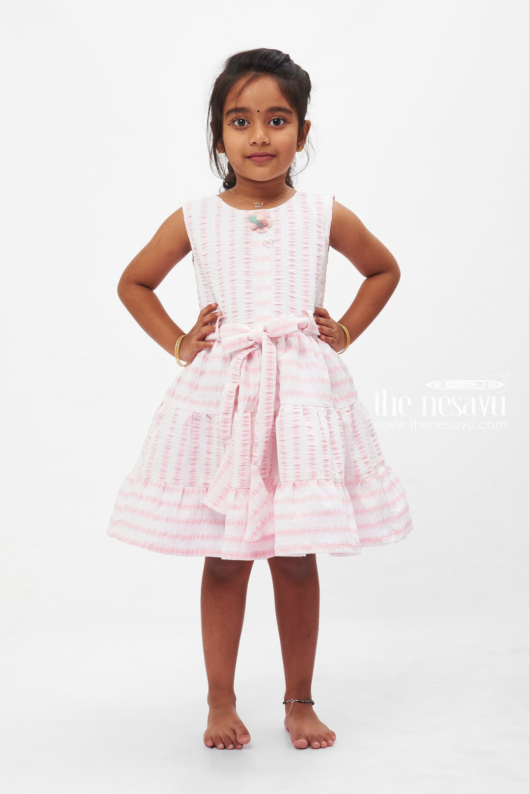 The Nesavu Girls Fancy Frock Candy Stripe Cotton Twirl Frock: Playful Pink with Bow Detail for Girls Nesavu 22 (4Y) / Pink GFC1213A-22 Girls' Pink Stripe Bow Cotton Dress | Sleeveless Summer Frock for Kids | The Nesavu