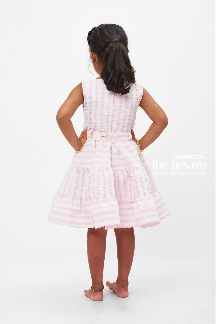 The Nesavu Girls Fancy Frock Candy Stripe Cotton Twirl Frock: Playful Pink with Bow Detail for Girls Nesavu Girls' Pink Stripe Bow Cotton Dress | Sleeveless Summer Frock for Kids | The Nesavu