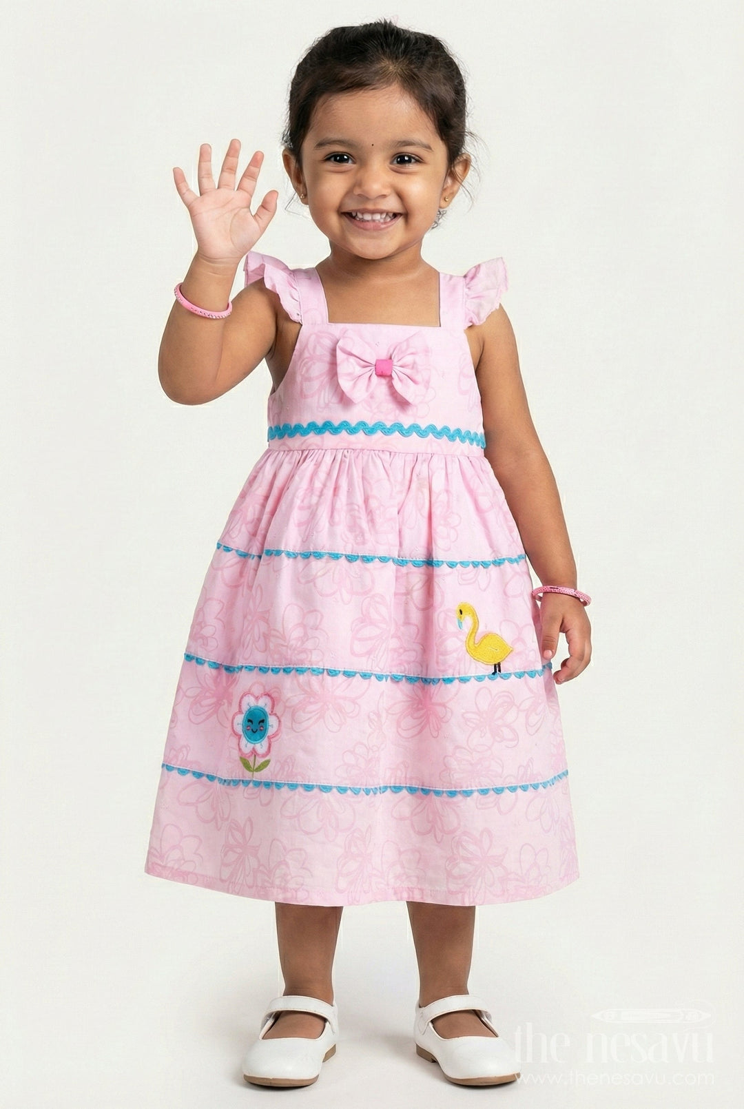 The Nesavu Baby Cotton Frocks Cartoon Embroidered Dress for Toddler Girls Play Wear Nesavu 14 (6M) / Pink BFJ837B-14 Nesavu Pink Cartoon Themed Baby Girl Dress Flamingo Flower Embroidery Lightweight Georgette