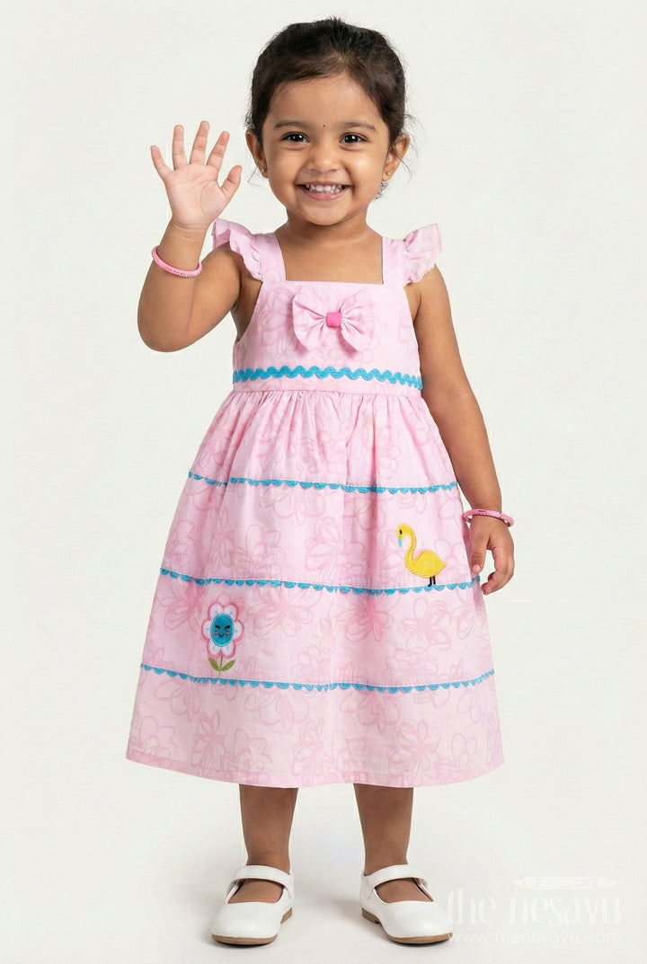 The Nesavu Baby Cotton Frocks Cartoon Embroidered Dress for Toddler Girls Play Wear Nesavu 14 (6M) / Pink BFJ837B-14 Nesavu Pink Cartoon Themed Baby Girl Dress Flamingo Flower Embroidery Lightweight Georgette