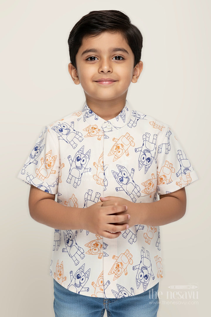 The Nesavu Boys Cotton Shirt Cartoon Printed Muslin Boys Shirt for Playdates and Everyday Fun Nesavu 16 (1Y) / Cream BS307A-16 Nesavu Muslin Boys Shirt Cartoon Print Fun Breathable Shirt Playdates Daily Wear