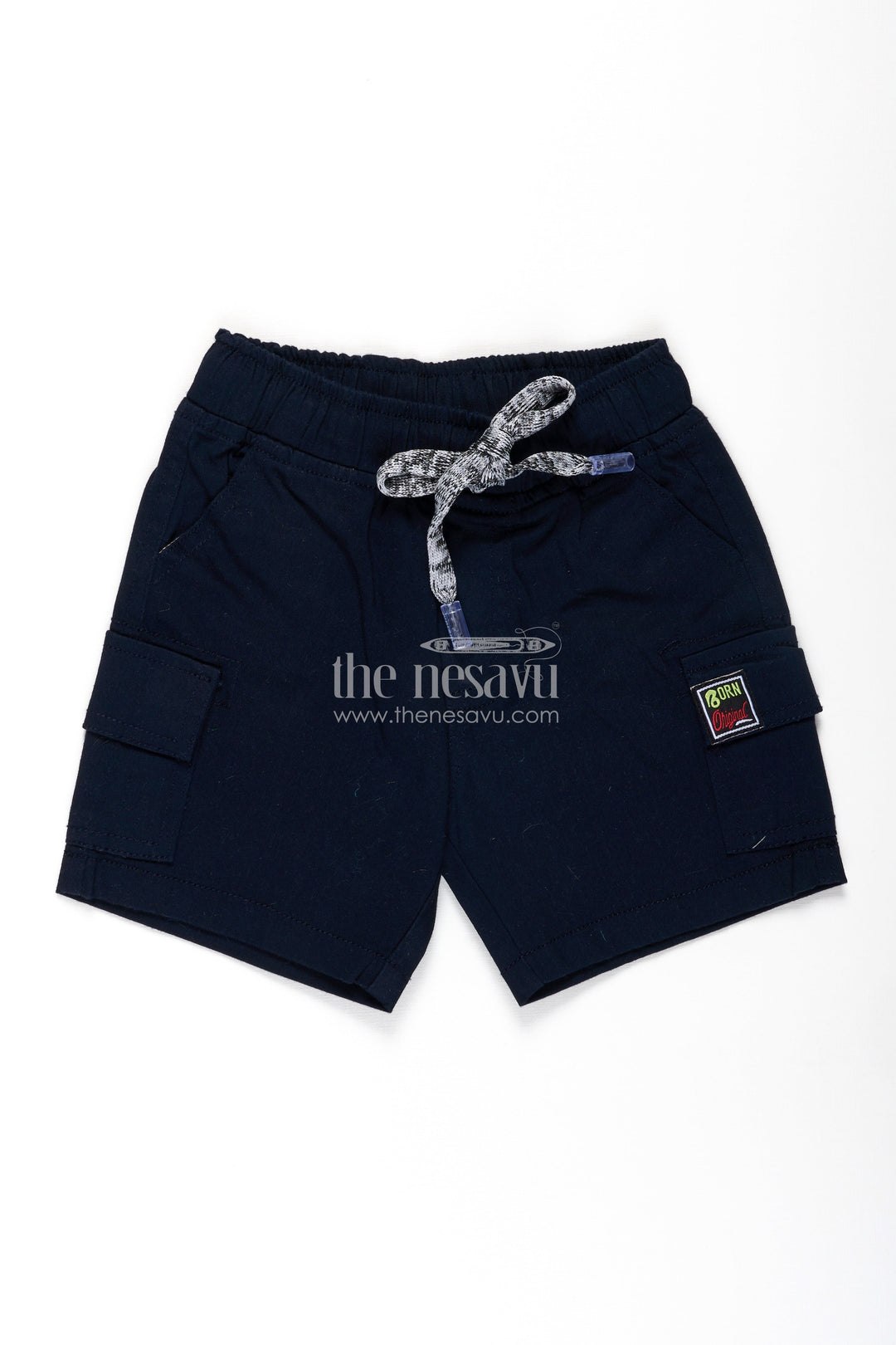 The Nesavu Boys Shorts Casual Attire Shorts for Boys in Navy Cotton with Cargo Pockets and Drawstring Waist Nesavu 12 (3M) / Blue BWS017A-12 Casual Attire Shorts Boys Navy Cotton Drawstring Cargo Style Pockets | The Nesavu