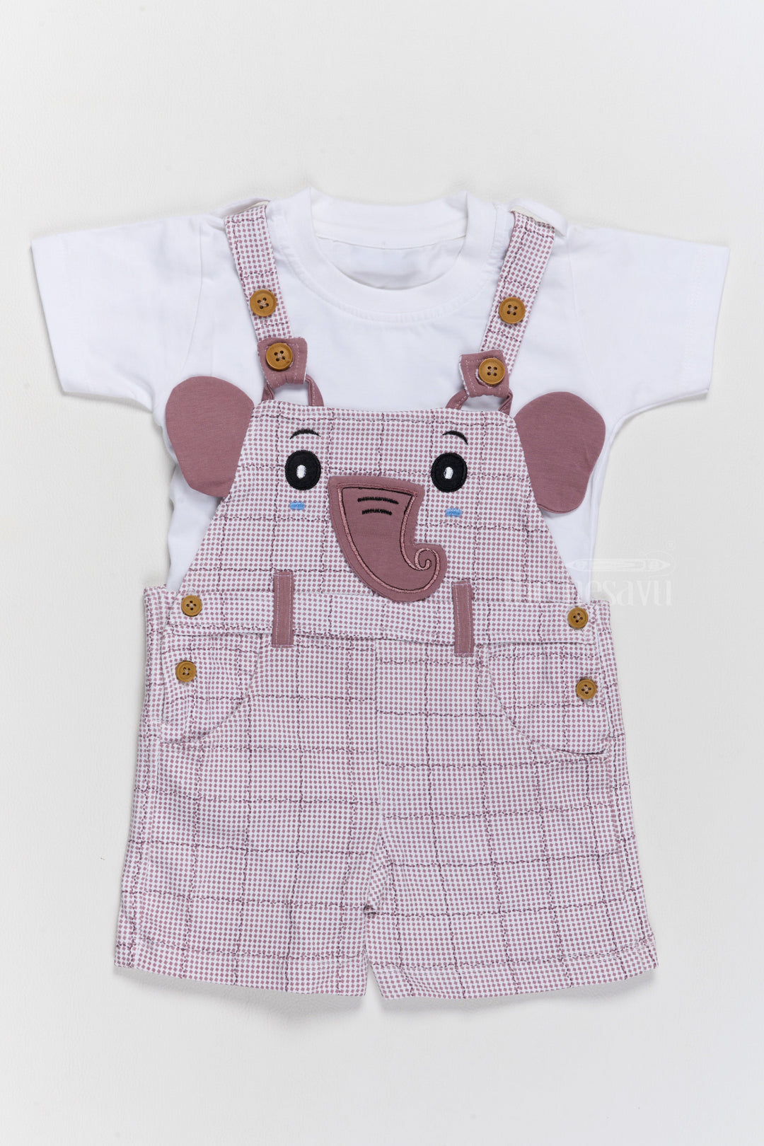 The Nesavu Baby Casual Sets Casual Babydoll Dress Pink Checked Elephant Applique Cotton Dungaree Set Nesavu 14 (6M) / Pink BCS180A-14 Casual Babydoll Dress Pink Checked Dungaree Set Elephant Applique | The Nesavu