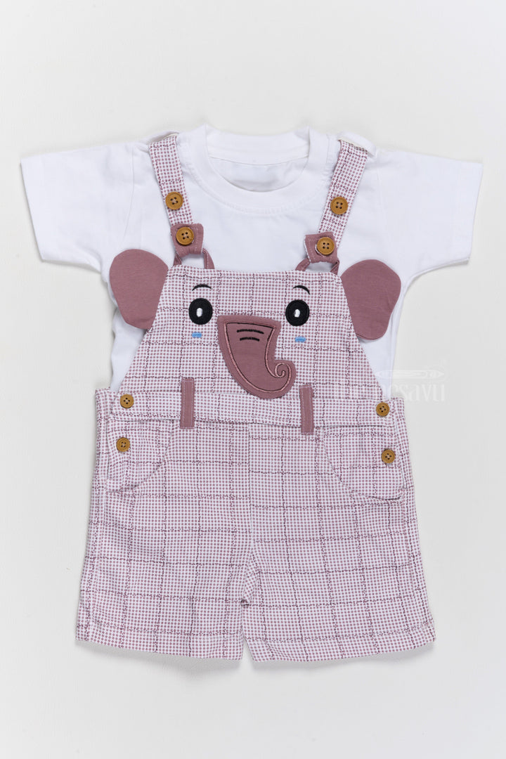 The Nesavu Baby Casual Sets Casual Babydoll Dress Pink Checked Elephant Applique Cotton Dungaree Set Nesavu 14 (6M) / Pink BCS180A-14 Casual Babydoll Dress Pink Checked Dungaree Set Elephant Applique | The Nesavu
