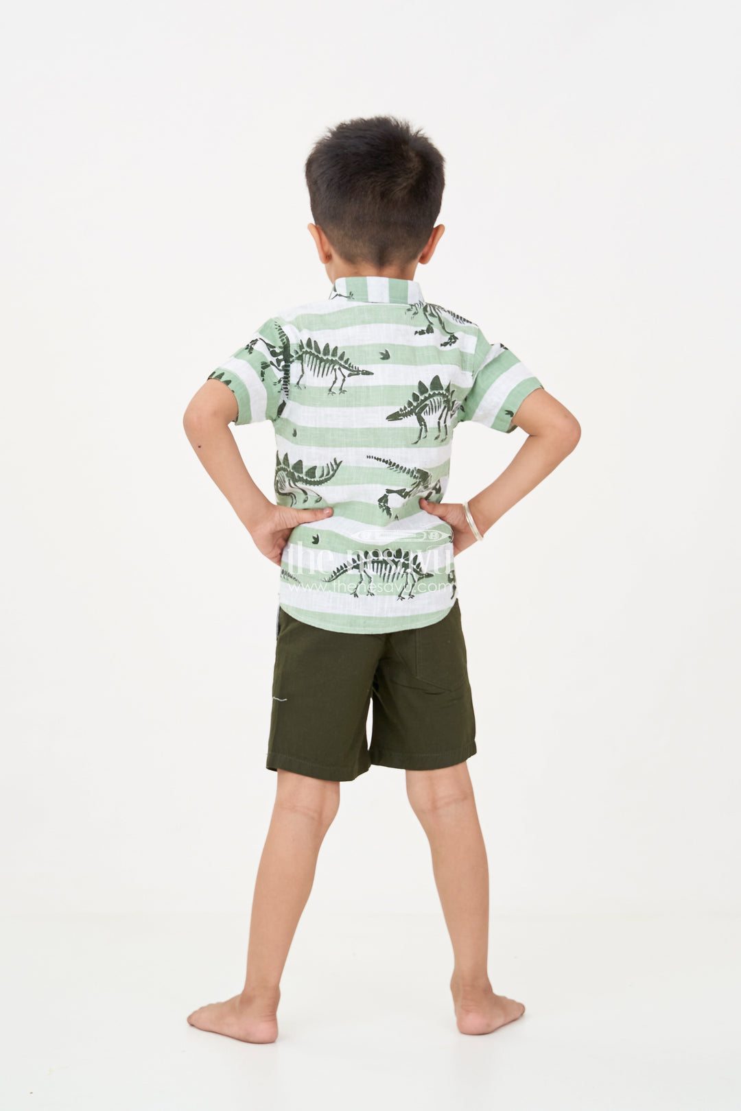 The Nesavu Boys Casual Set Casual Beach Dresses for Boys with Dinosaur Printed Shirt and Forest Green Cotton Shorts Nesavu Boys Casual Beach Dresses Dinosaur Print Shirt Forest Green Shorts | The Nesavu