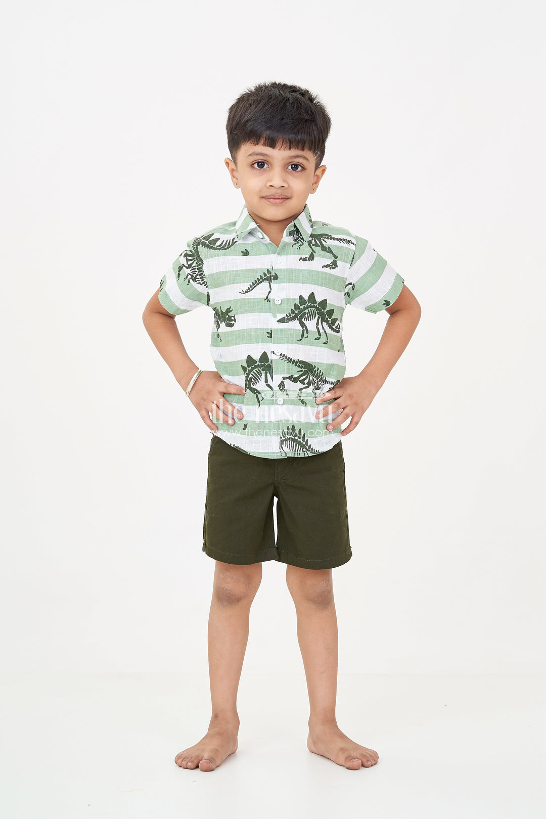 The Nesavu Boys Casual Set Casual Beach Dresses for Boys with Dinosaur Printed Shirt and Forest Green Cotton Shorts Nesavu Boys Casual Beach Dresses Dinosaur Print Shirt Forest Green Shorts | The Nesavu