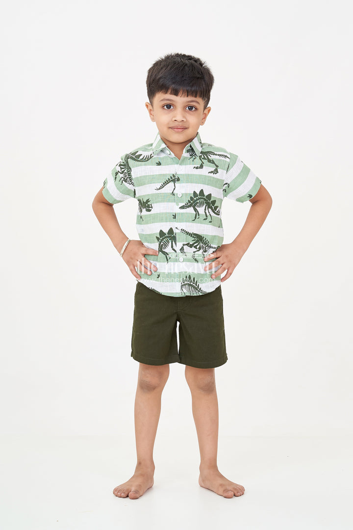 The Nesavu Boys Casual Set Casual Beach Dresses for Boys with Dinosaur Printed Shirt and Forest Green Cotton Shorts Nesavu Boys Casual Beach Dresses Dinosaur Print Shirt Forest Green Shorts | The Nesavu