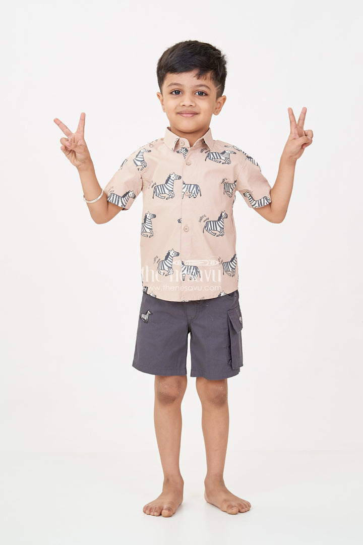 The Nesavu Boys Casual Set Casual Beach Wear for Boys with Zebra Printed Shirt and Black Cargo Shorts in Lightweight Cotton Nesavu 20 (3Y) / Beige BCS254A-20 Boys Casual Beach Wear Zebra Cotton Shirt Black Drawstring Shorts | The Nesavu