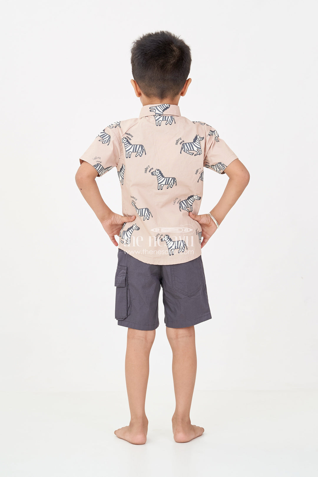 The Nesavu Boys Casual Set Casual Beach Wear for Boys with Zebra Printed Shirt and Black Cargo Shorts in Lightweight Cotton Nesavu Boys Casual Beach Wear Zebra Cotton Shirt Black Drawstring Shorts | The Nesavu