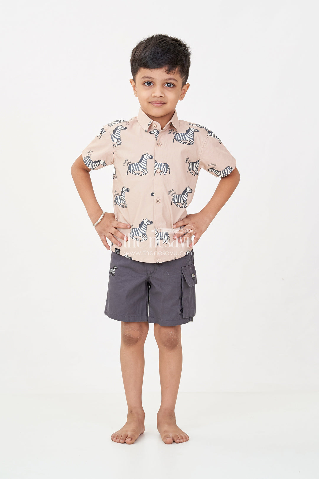 The Nesavu Boys Casual Set Casual Beach Wear for Boys with Zebra Printed Shirt and Black Cargo Shorts in Lightweight Cotton Nesavu Boys Casual Beach Wear Zebra Cotton Shirt Black Drawstring Shorts | The Nesavu