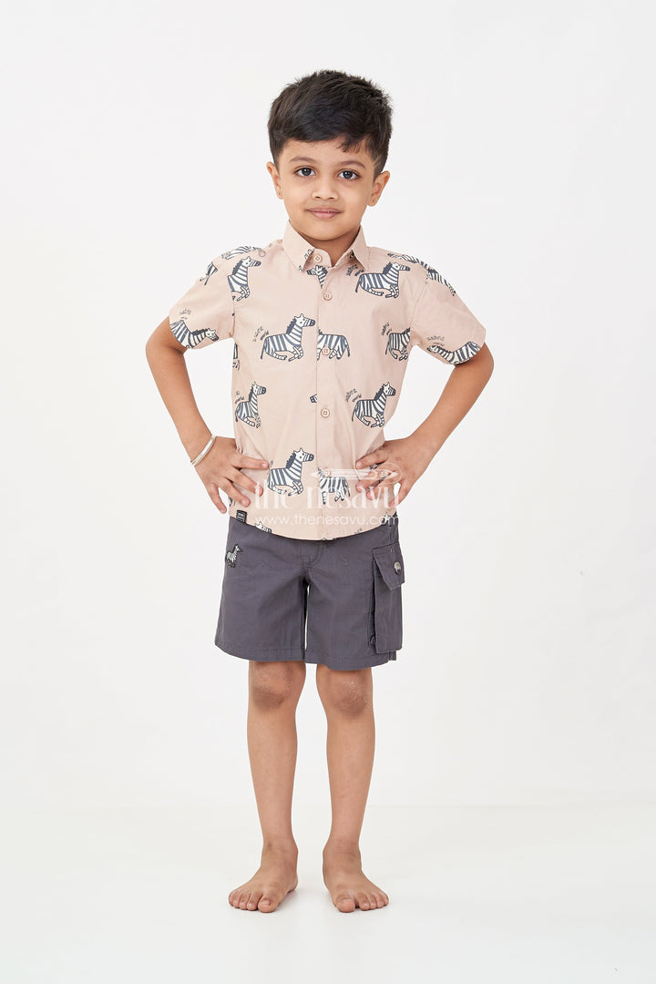 The Nesavu Boys Casual Set Casual Beach Wear for Boys with Zebra Printed Shirt and Black Cargo Shorts in Lightweight Cotton Nesavu Boys Casual Beach Wear Zebra Cotton Shirt Black Drawstring Shorts | The Nesavu