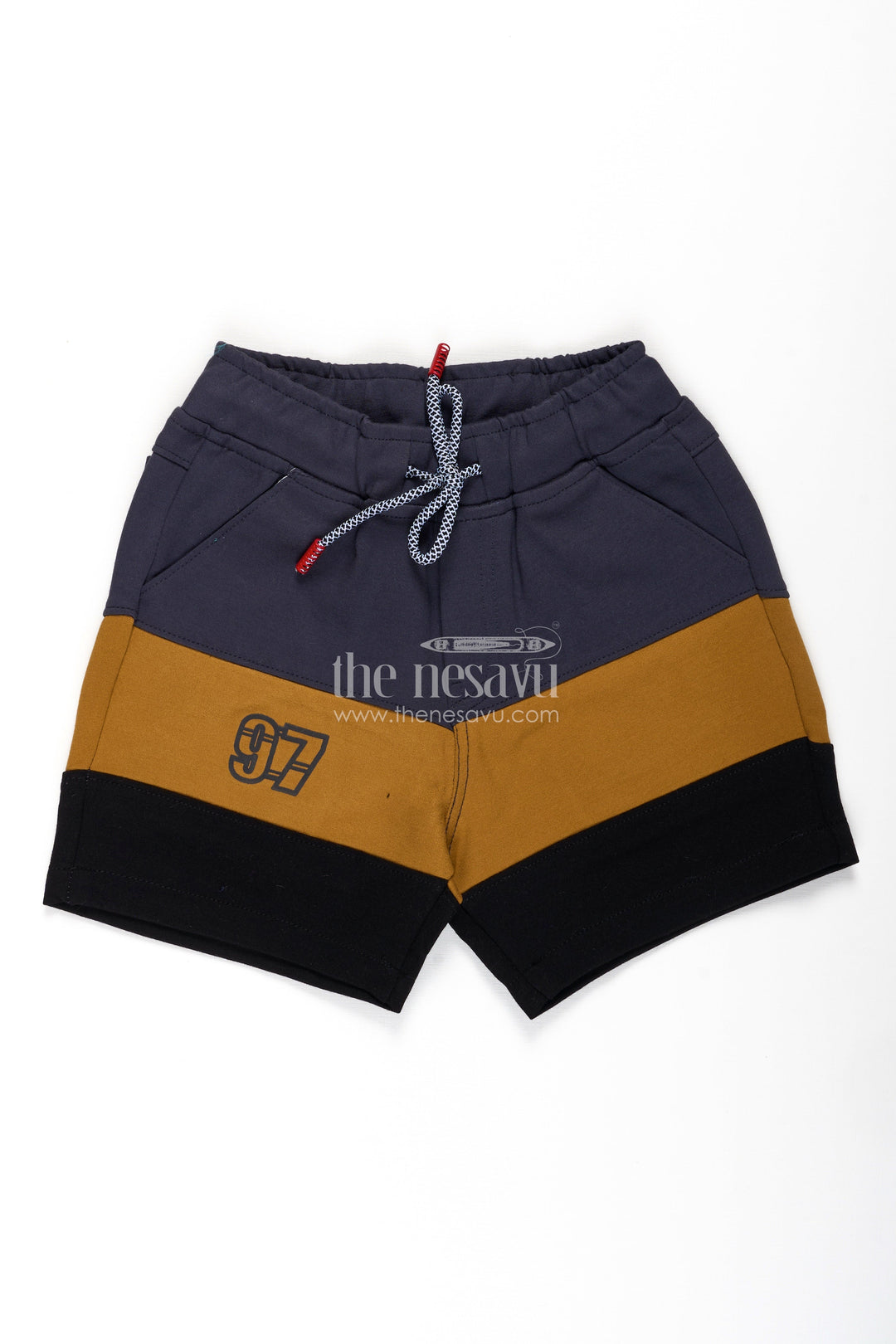 The Nesavu Boys Shorts Casual Bike Shorts for Boys in Grey and Mustard Colorblock Design with Drawstring Waist Nesavu Casual Bike Shorts Boys Cotton Blend Grey Mustard Colorblock Drawstring | The Nesavu