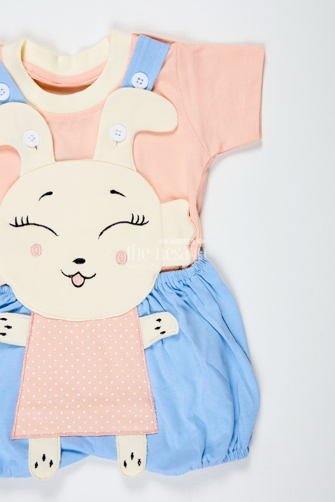 The Nesavu Boys Casual Set Casual Blue Set Outfit for Boys in Cotton with Bunny Embroidery and Soft Peach Short Sleeve Tee Nesavu Nesavu Casual Blue Set Outfit Boys Cotton Bunny Embroidery Peach Tee