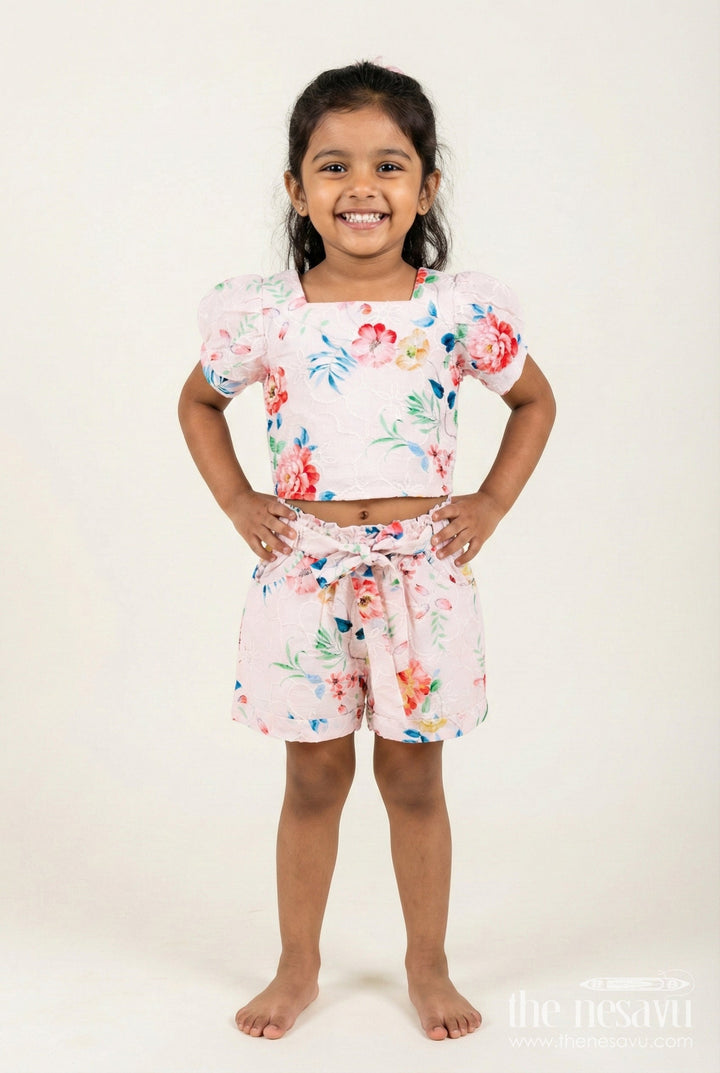 The Nesavu Girls Casual Set Casual Chikankari Co-Ord Set for Girls with Floral Prints Nesavu 16 (1Y) / Orange GPS813B-16 Nesavu floral chikankari cotton co-ord set toddler girls  perfect everyday summer style