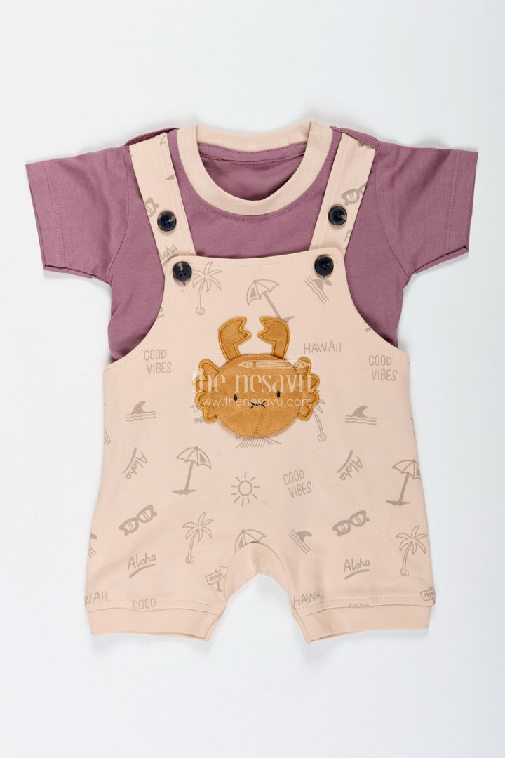 The Nesavu Boys Casual Set Casual Colorful Dress for Boys in Soft Cotton with Lion Embroidery and Contrast Tee Dungaree Set Nesavu 14 (6M) / Beige BCS295B-14 Nesavu Cotton Casual Colorful Dress Boys Lion Embroidery Matching Plum Tee
