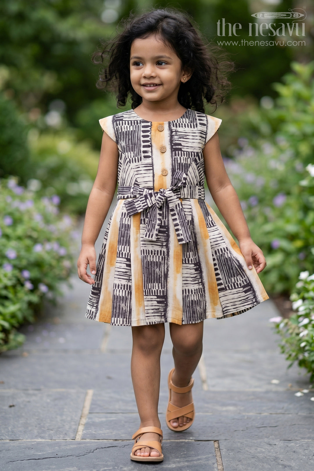 The Nesavu Girls Fancy Frock Casual Cotton Frock for Girls with Stylish Striped Pattern Nesavu 22 (4Y) / Black GFC1525A-22 Nesavu Casual Cotton Frock Girls  Striped Patterns Button Detailing