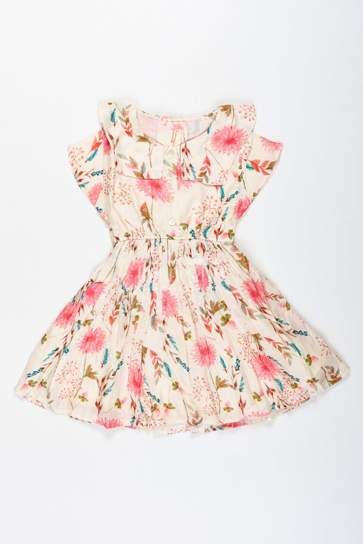The Nesavu Girls Cotton Frock Casual Cotton Frock for Infants Sleeveless Beige Dress with Floral Design Nesavu Nesavu Sleeveless Floral Cotton Casual Dress Baby Girls Pink Bloom Print Lightweight Feel