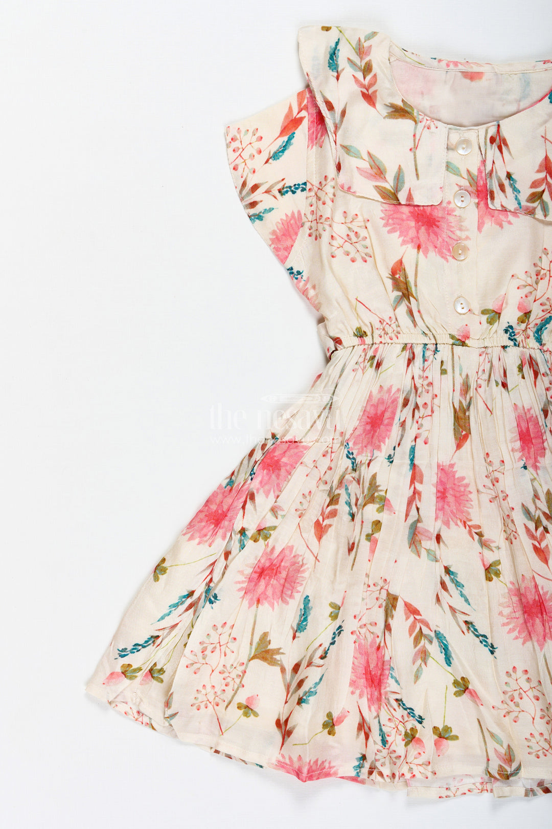 The Nesavu Girls Cotton Frock Casual Cotton Frock for Infants Sleeveless Beige Dress with Floral Design Nesavu Nesavu Sleeveless Floral Cotton Casual Dress Baby Girls Pink Bloom Print Lightweight Feel