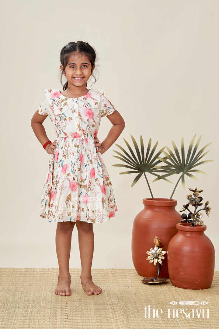 The Nesavu Girls Cotton Frock Casual Cotton Frock for Infants Sleeveless Beige Dress with Floral Design Nesavu Nesavu Sleeveless Floral Cotton Casual Dress Baby Girls Pink Bloom Print Lightweight Feel