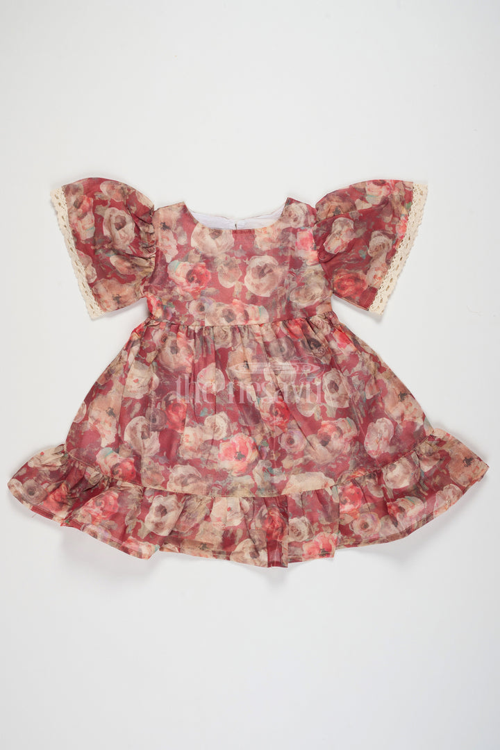 The Nesavu Girls Fancy Frock Casual Cotton Frock for Women with Floral Tissue Print and Puff Sleeves, Ideal for Summer Outings and Playdates Nesavu 18 (2Y) / Maroon GFC1452B-18 Casual Cotton Frock Women Floral Tissue Print Nesavu Ideal Summer Outings Playdates