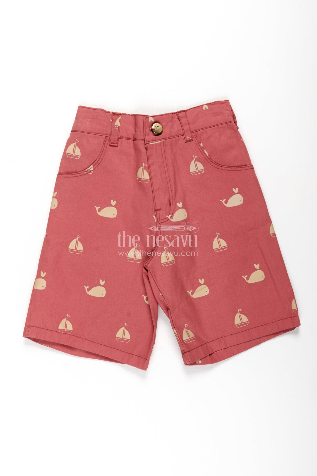 The Nesavu Boys Shorts Casual Cycling Shorts for Boys in Red Cotton with Yellow Whale and Boat Digital Print Nesavu 26 (6Y) / Orange BWS014A-26 Casual Cycling Shorts Boys Red Cotton Yellow Whale Boat Print | The Nesavu