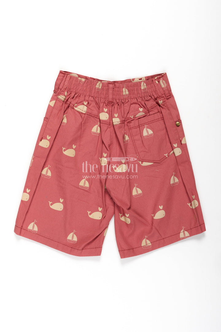 The Nesavu Boys Shorts Casual Cycling Shorts for Boys in Red Cotton with Yellow Whale and Boat Digital Print Nesavu Casual Cycling Shorts Boys Red Cotton Yellow Whale Boat Print | The Nesavu